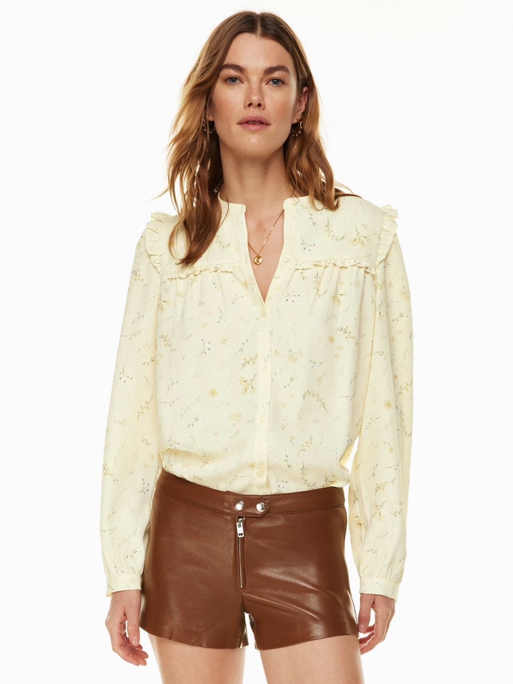 Aritzia Wilfred Nimbus Floral Ruffle Blouse Tapioca Yellow Size S